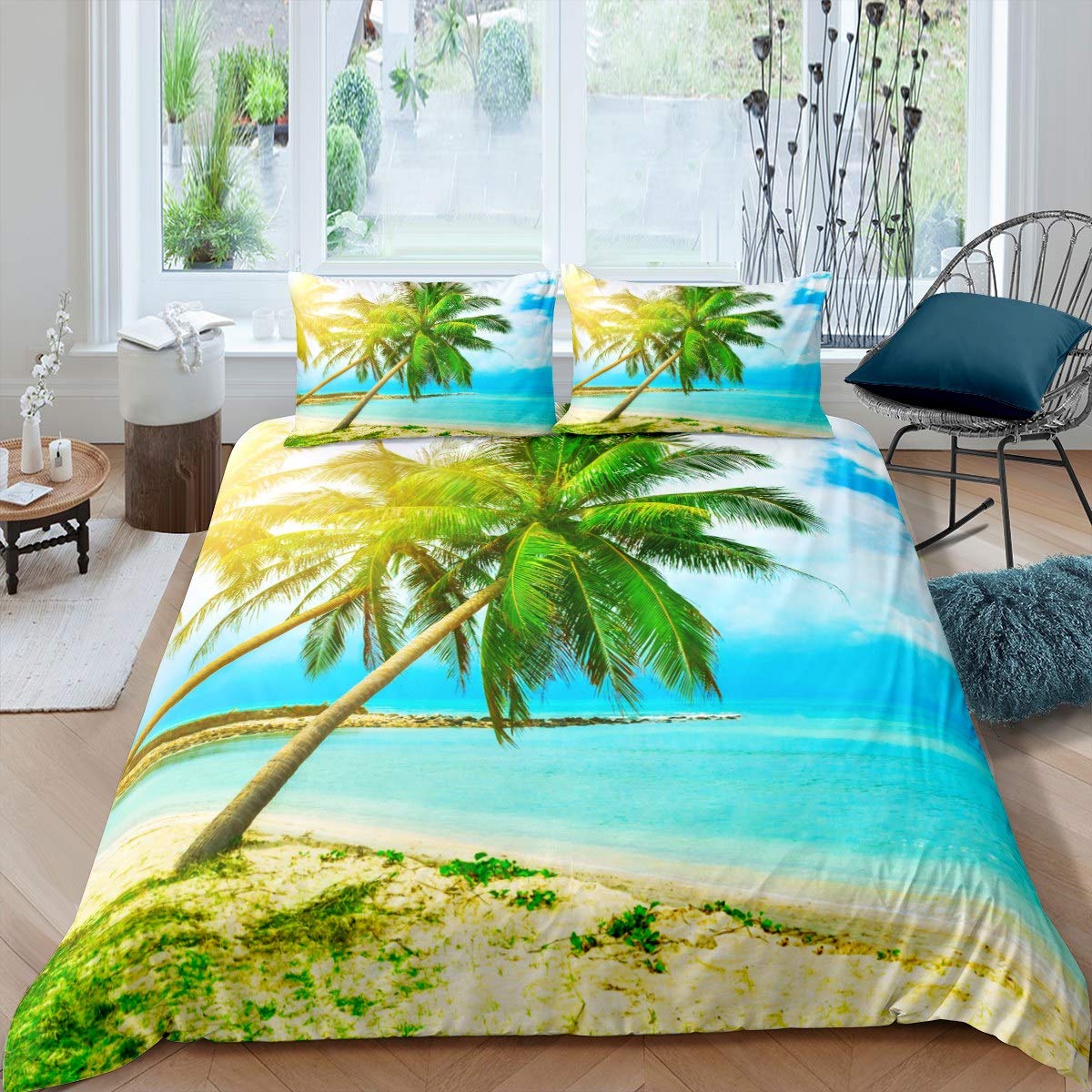 Palm Tree Bedding Set Beach Palm Leaf Duvet Cover for Kids Boys Girls Hawaiian Tropical Island Comforter Cover Nature Bedspread Cover 2Pcs Bedding Single