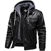 HOOD CREW Men Faux Leather Jacket with Detachable Hood Casual Motorcycle Bomber Jackets Outerwear