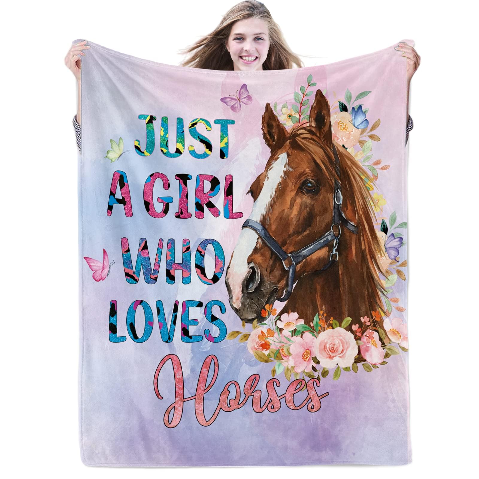 Just a Girl Who Loves Horses Blanket for Girls Horse Flower Throw Blankets Gifts for Kids Light Pink Purple Warm Lightweight Flannel Fleece Blanket for Sofa Couch All Season, 101cm x 127cm