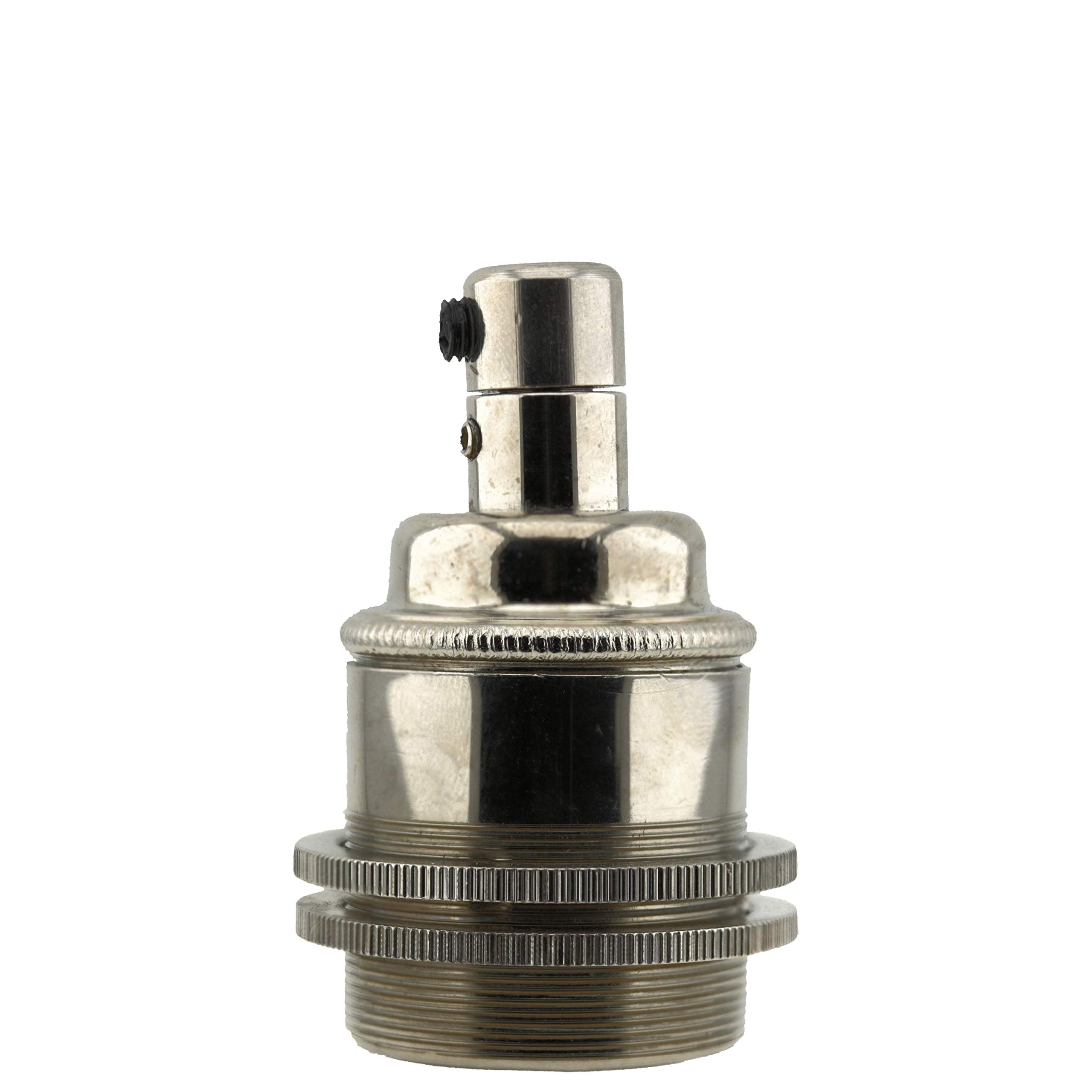 Edison Screw (E27) Solid Metal Earthed Lampholder in Nickel Finish with 2 Shade Rings and Metal Cord Grip