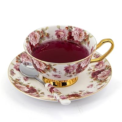 NDHT Bone China Teacups/Coffee Cups &amp; Saucers Sets with Spoons-10.2Oz for Home, Restaurant,Royal Classic,White &amp; Red,with a gift Box