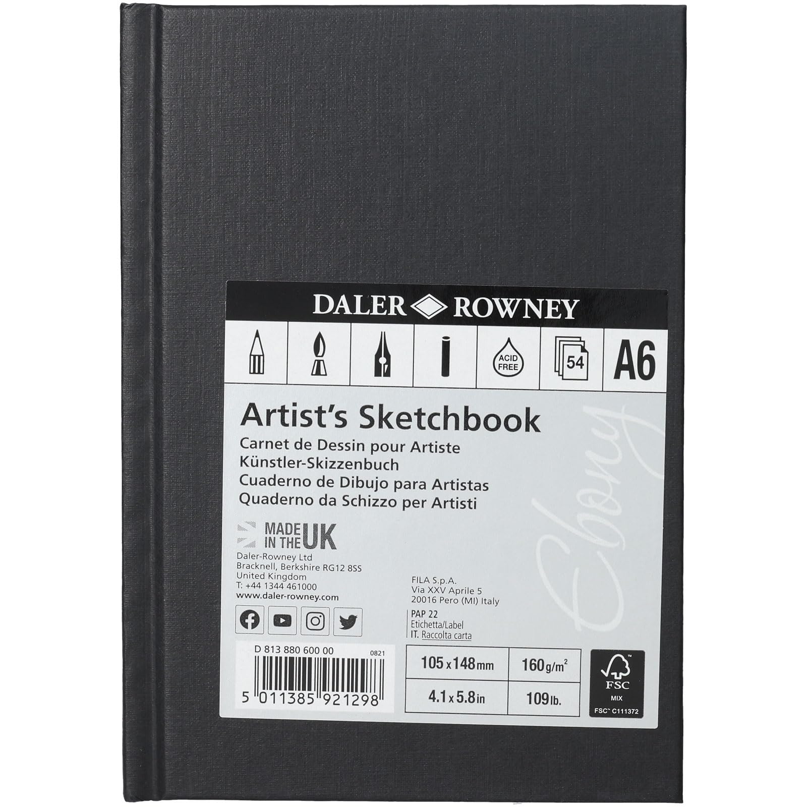 Daler-Rowney Ebony 160gsm A6 Lightly Textured Portrait Hardback Sketchbook, Perfect Bound, 54 White Sheets, Ideal for Professional Artists & Students