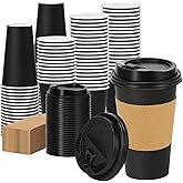 Lamosi 100 Pack 16 oz Disposable Coffee Cups with Lids and Sleeves, Black Leak-Proof To Go Coffee Cups with Lids, Hot/Cold Beverage Black Drinking Cup for Home, Office, Parties, Travel