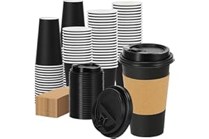 Lamosi 100 Pack 16 oz Disposable Coffee Cups with Lids and Sleeves, Black Leak-Proof to Go Coffee Cups with Lids, Hot/Cold Be