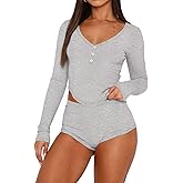 LEEDYA Womens 2 Piece Pajama Sets Long Sleeve V Neck PJ Shorts Sexy Y2k Button Crop Top Nightwear Lounge Set Sleepwear