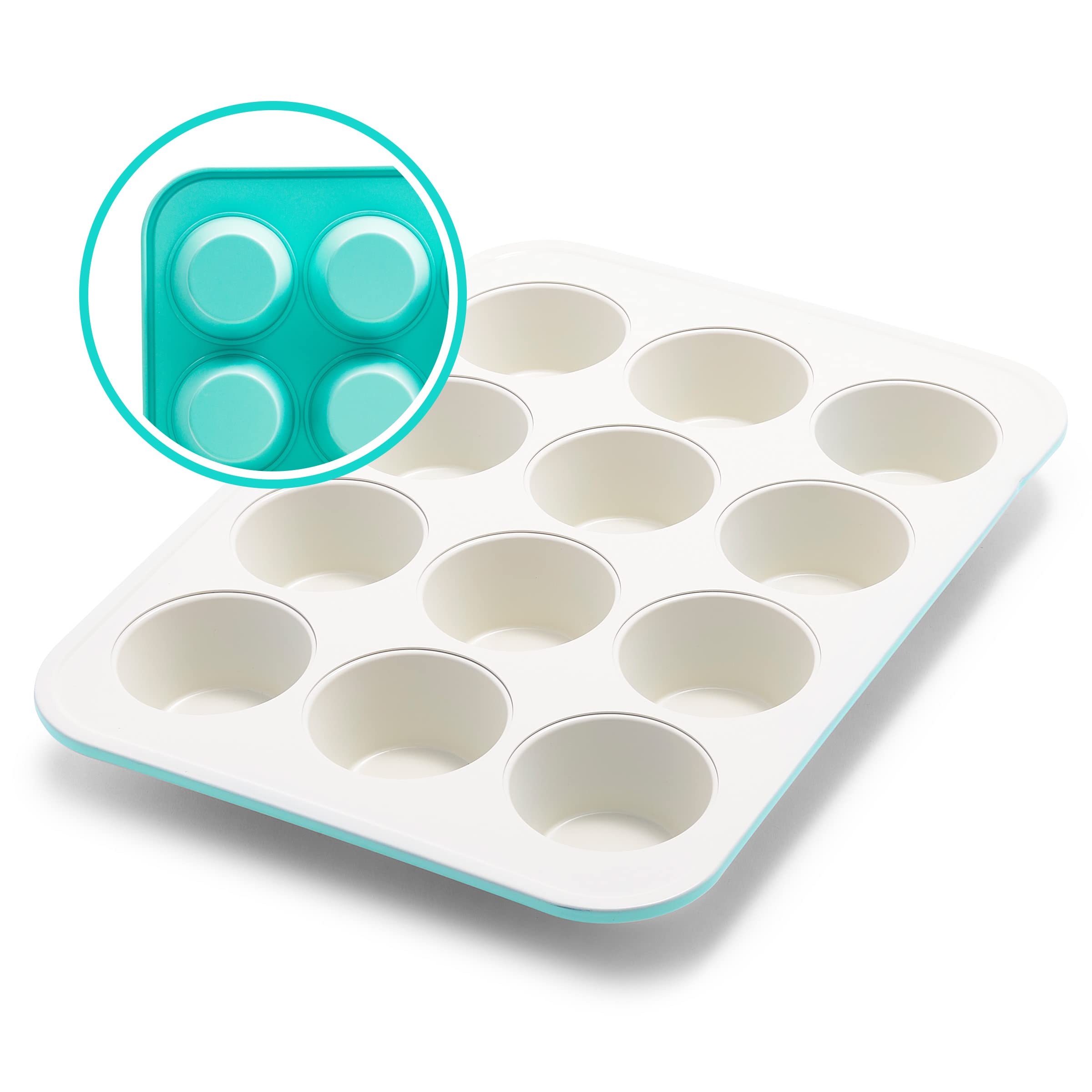GreenLife Bakeware Healthy Ceramic Nonstick, 12 Cup Muffin and Cupcake Baking Pan, PFAS-Free, Oven Safe up to 230°C, Turquoise