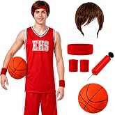 Thiccywoov 6 Pcs Halloween School Basketball Costume for Men Cosplay | Set Include Wig, Headband, Wristbands, Inflatable Basketball, Hairnet, Air Pump Retro Movie Character Dress up Party Supplies