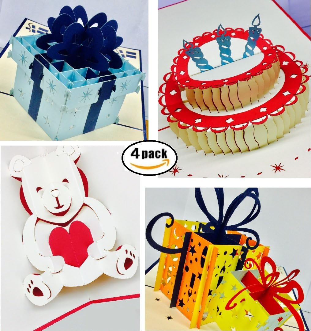 ALL OCCASION 3D POP UP CARDS by HUG IN A CARD (PACK OF 4) Handmade Cards w/ Envelopes For Wife Husband Daughter Son Brother Sister & Friends - Happy Birthday Christmas Valentines Anniversary Cake Bear