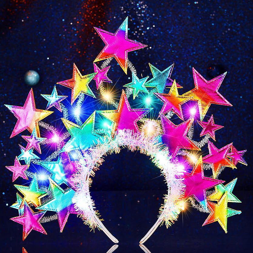 Fashband Light Up Star Headband Glitter Stars Tiara Halo Crown Headbands Led Goddess Costume Headpiece Christmas Carnival Party Hair Accessories for Women and Girls (Color)