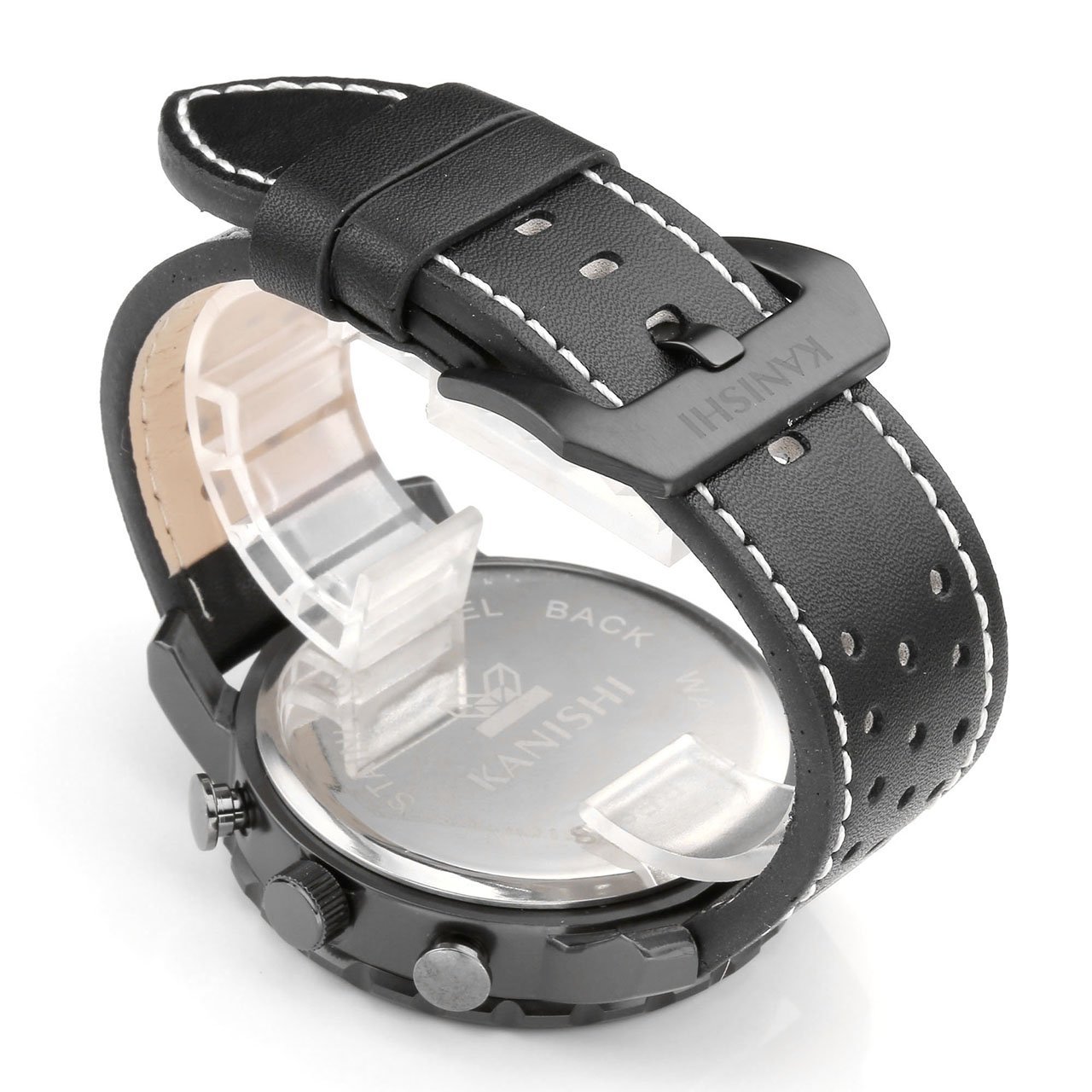 JSDDE Herren-Armbanduhr XL Uhren Herren Echtleder Band Kalenderuhr Traveler unecht Chronograph Analog Quarzuhr,Schwarz/Weiss