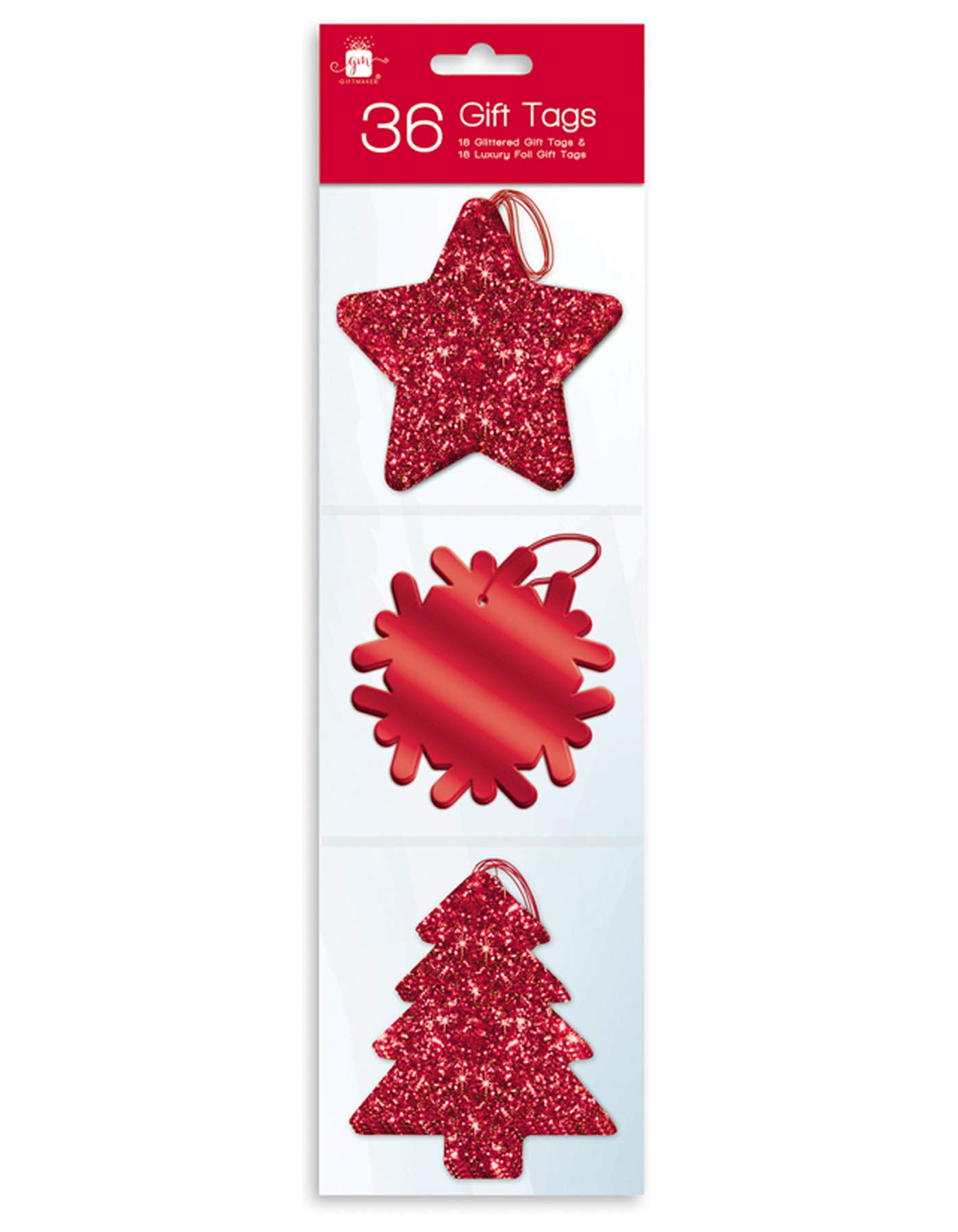 36 Red Glitter and Luxury Foil Xmas Gift Tags With Thread
