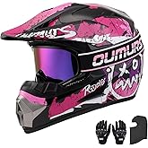 OUMURS DOT Adult ATV Dirt Bike Helmet with Goggles Gloves &amp; Mask Adjustable Sun Visor Motorcycle Adult Helmet Off-Road Motocross Downhill Moped MX for Unisex-Adult OUMURS 125A-Matte Black