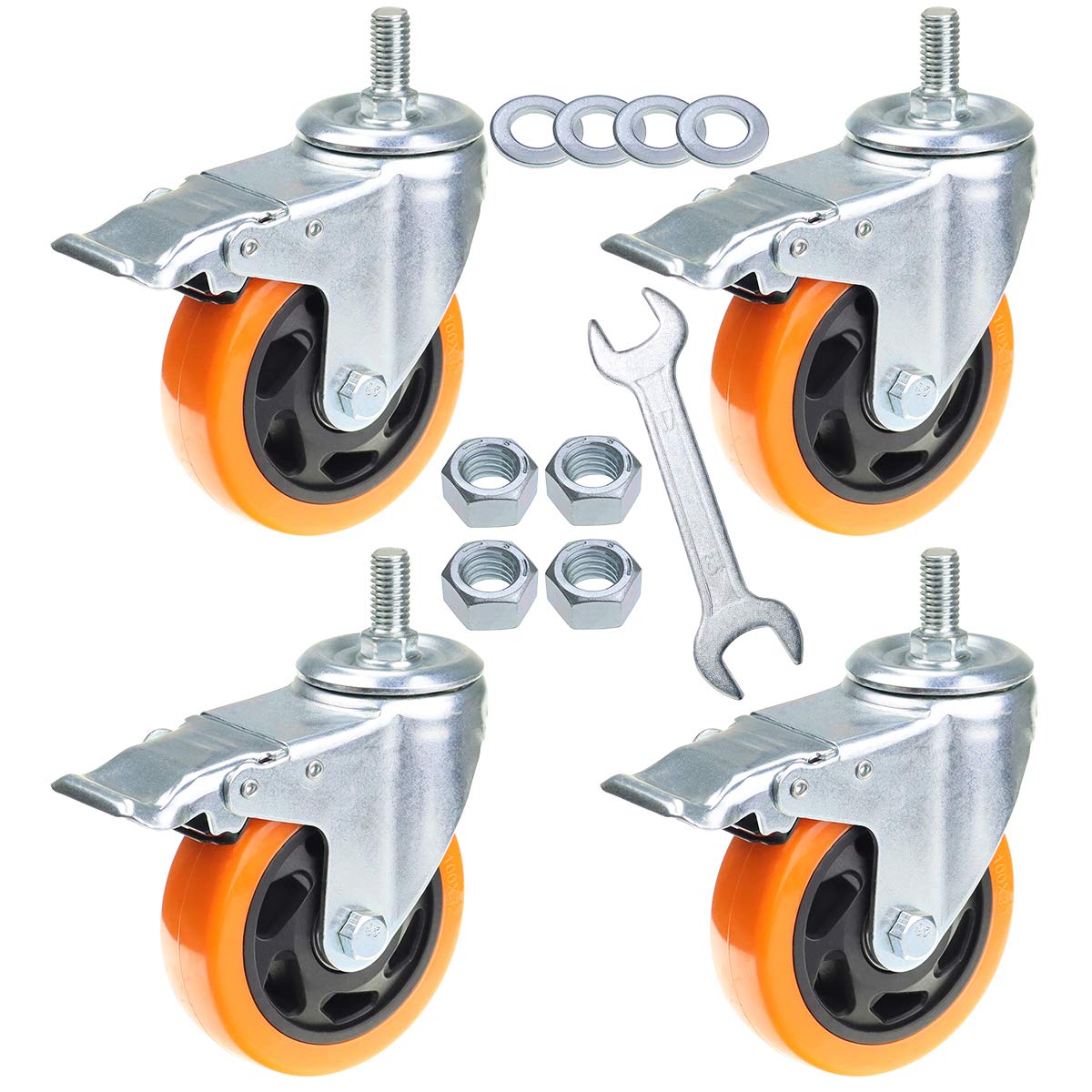 Stem Casters Aozel Heavy Duty Swivel Threaded Stem Caster Wheels with American Size 1/2''-13x1'' Thread Dual Locking Wheel with Brakes Pack of 4 (4 Inch): Industrial & Scientific