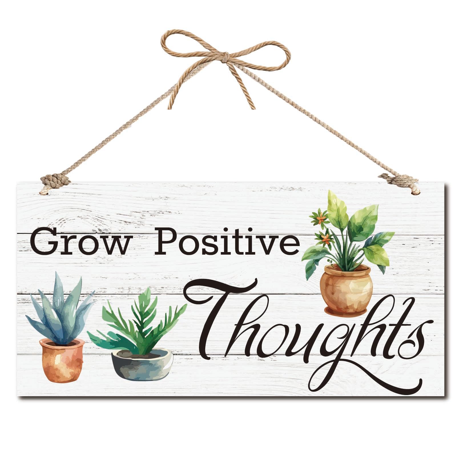 CREATCABIN Wood Sign Grow Positive Thoughts Wall Art Wood Plaque Hanging Sign Succulent Cactus Wall Decor Rustic Potting Walls Signs for Front Door Home Farmhouse Kitchen Housewarming 12x6Inch