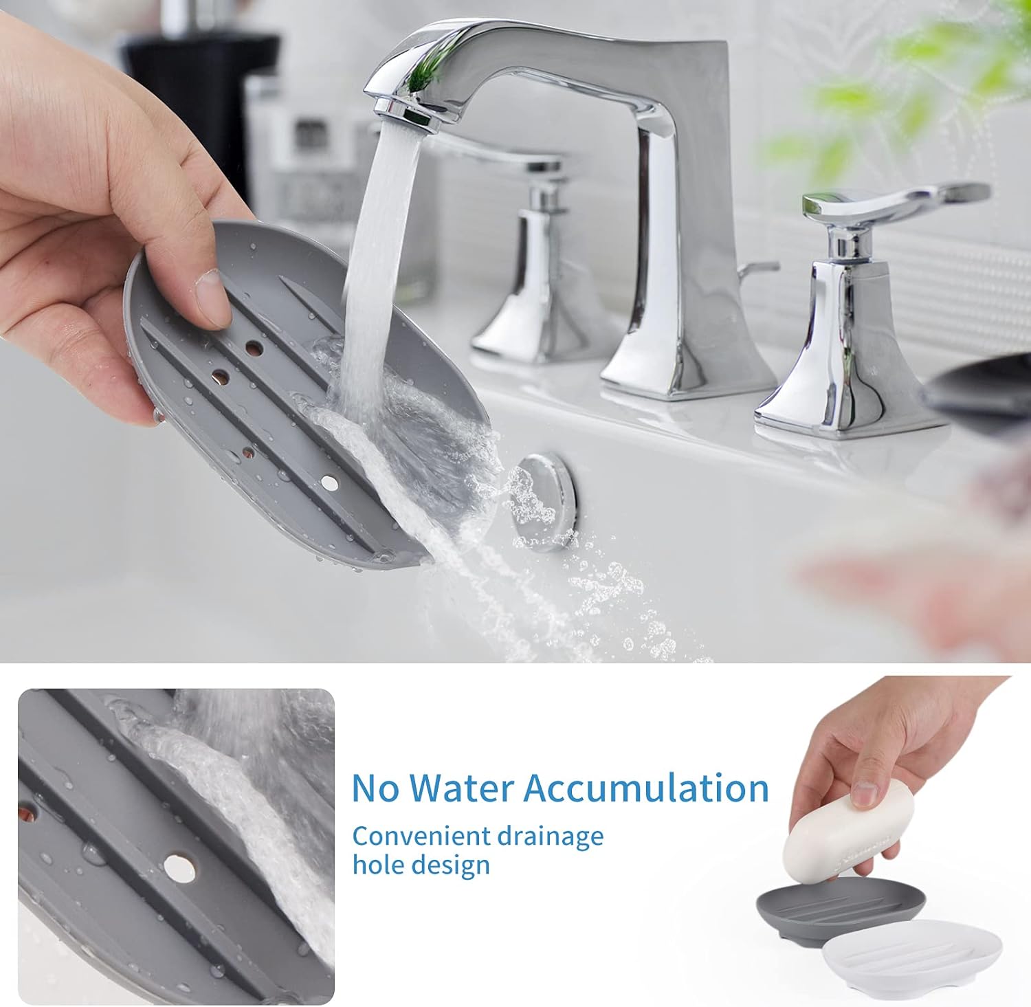 Bathroom Soap Dishes Dish Holder Stand Saver Tray Case for Shower-Silicone Rubber Drainer Dishes for Bar Soap Sponge Scrubber Bathroom Kitchen Sink-Dishwasher Safe-Drains Water,Extends Soap Life,Gray: Home & Kitchen