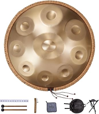 Tambor de Mano 55 cm 9 Notas 432 Hz, Tambor Handpan en D Menor con Mazos, Instrumento de Percusión con Bolsa de Transporte para Yoga, Meditación, Educación Musical de Principiantes, Dorado