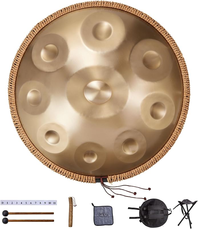 Tambor de Mano 55 cm 9 Notas 432 Hz, Tambor Handpan en D Menor con Mazos, Instrumento de Percusión con Bolsa de Transporte para Yoga, Meditación, Educación Musical de Principiantes, Dorado