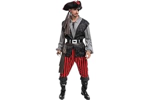Spooktacular Creations Men Pirate Costume, Adult Pirate Shirt Vest Viking Pants Hat Set for Halloween Themed Parties
