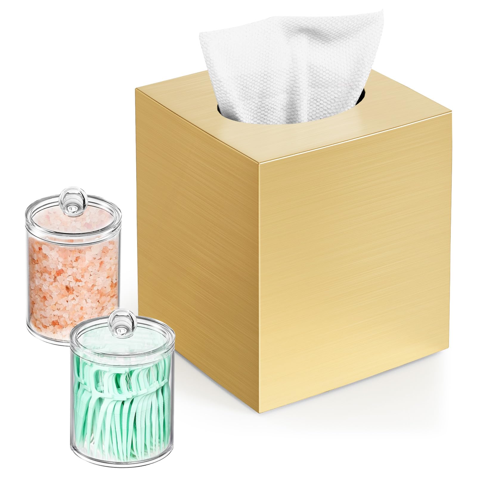 Tissue Box Cover, Square Facial Acrylic Tissue Box Holder with 2 Pack Clear Qtip Holder Dispenser, Bathroom Vanity Dresser Night Stand Essentials Accessories Decor, Modern Farmhouse Decor, Gold