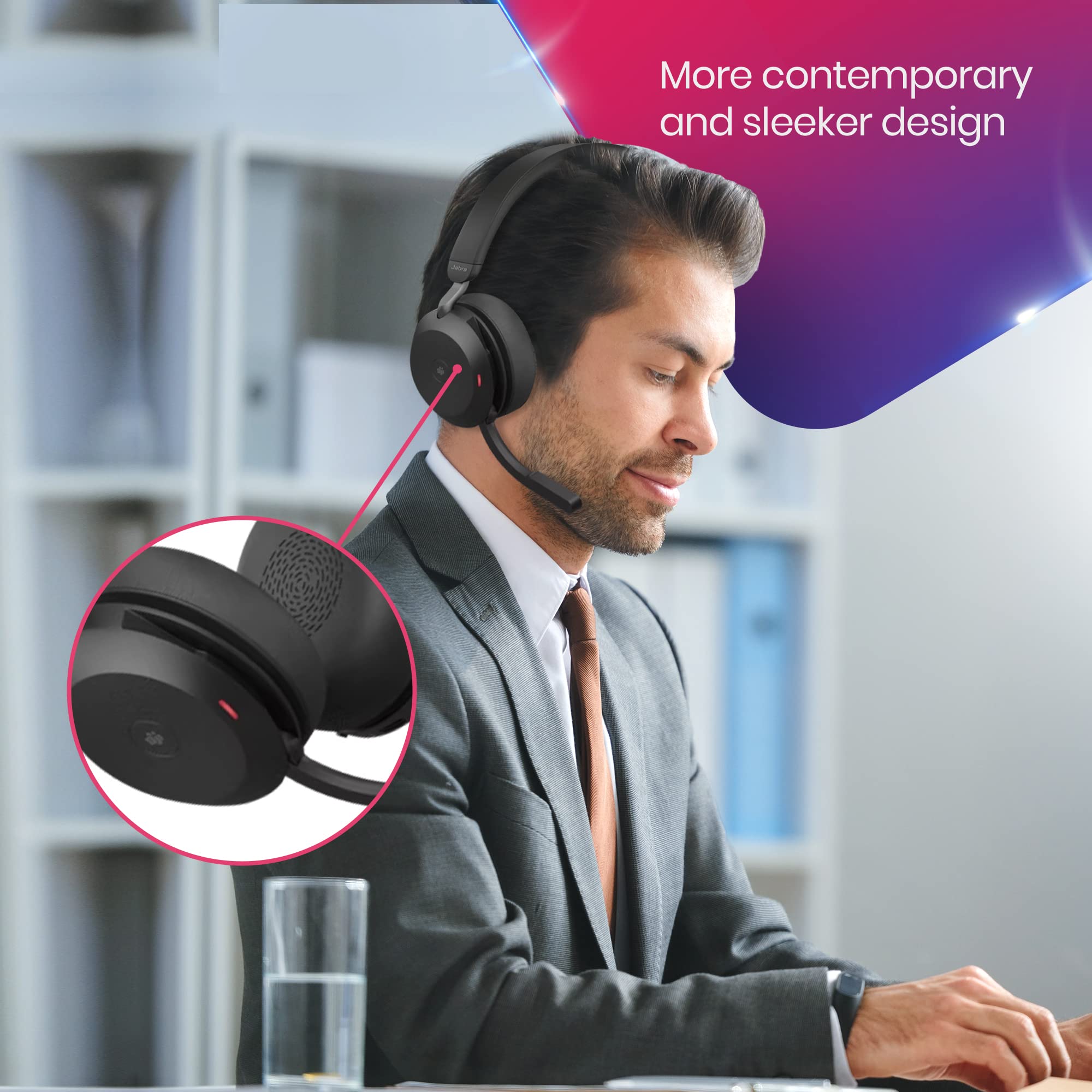 Jabra Evolve2 75 Wireless Headset Stereo UC w/Charging Headset Stand, USB Dongle, Compatible w/Zoom, RingCentral, Smartphones, Tablets, PC/MAC, 27599-989-989, w/Gold Support Plan and Mobile Wallet