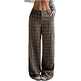 GORGLITTER Women's Dressy Plaid Low Rise Trousers Dress Pants Casual Flannel Baggy Wide Leg Checkered Pant with Pockets