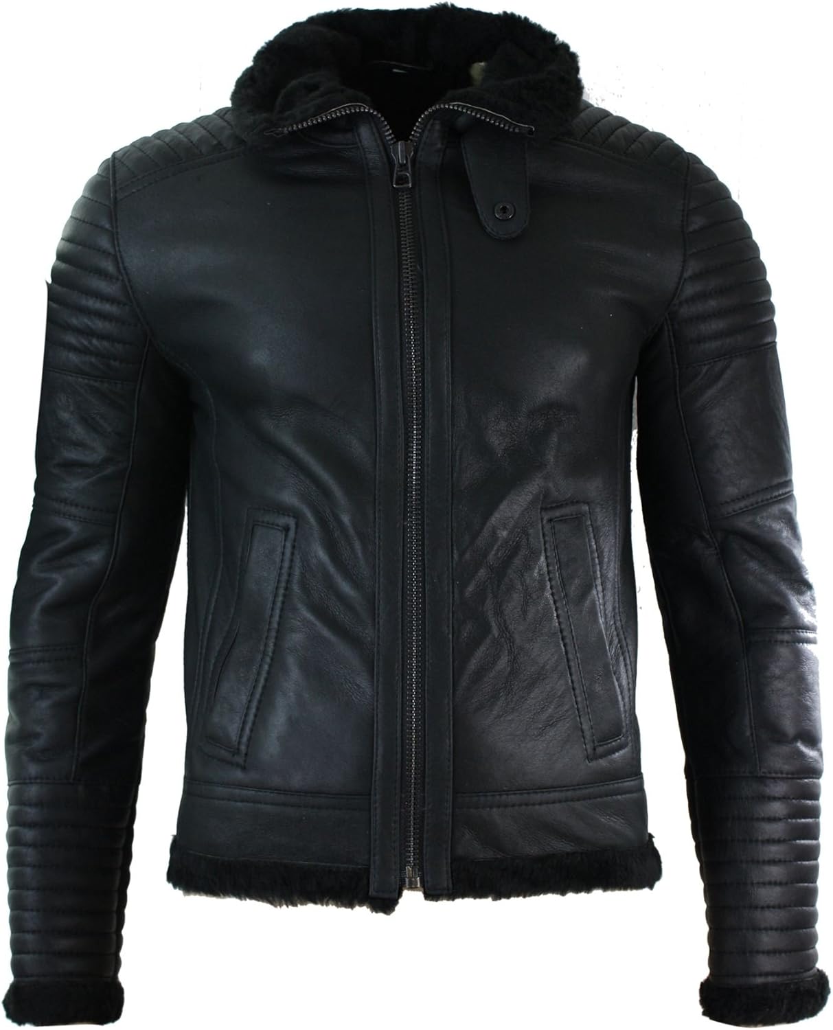 Blouson Homme Veste Cuir véritable Peau de Mouton retournée Noir Style aviateur Coupe cintrée