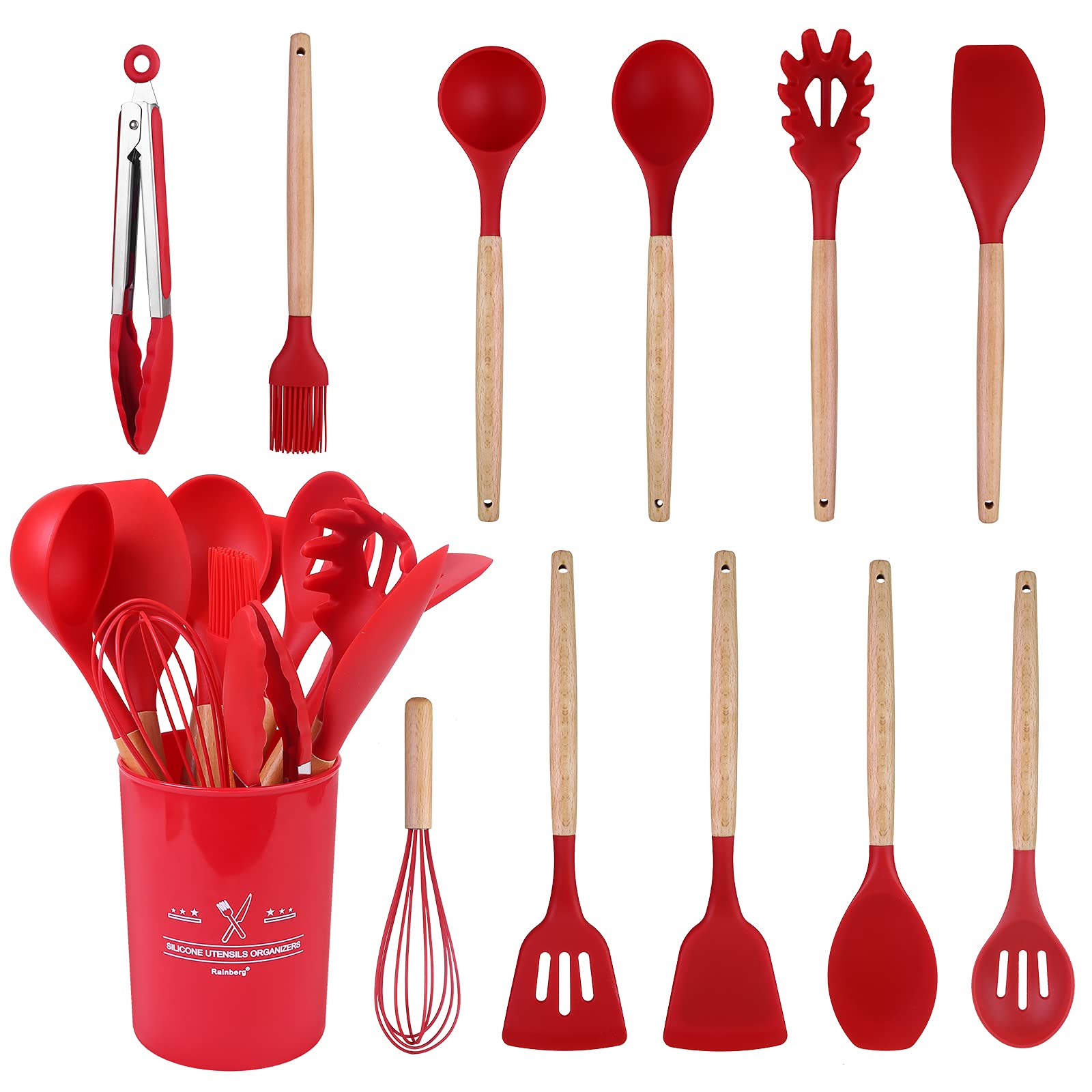 Rainberg® 12 Pcs Silicone & Natural Wooden Cooking Utensils Set for Non Stick Kitchen Sets | Kitchen Utensils Set | Spatula Set | Kitchen Gadgets | Cookware Set | Kitchen Tool Set (Red)