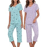 American Trends Womens Pajama Sets Cotton Blend Short Sleeve Sleepwear Soft Capri Pjs for Lounging Two Piece Set S-3XL