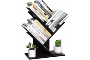 R RUISHENG 3 Tier Small Tree Bookshelf Desk Book Organizer Narrow Bookcases for Books Magazines CDs Free Standing Retro Wooden Storage Shelves for Home Office Bedroom Living Room Dark Walnut