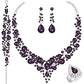 Paxuan Crystal Bridal Wedding Jewelry Sets for Women Rhinestone Teardrop Crystal Statement Choker Necklace Drop Earrings Link Bracelets Rings Teardrop Jewelry Set for Brides Bridesmaids