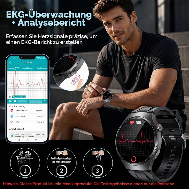 Smartwatch Herren EKG+𝐇𝐑𝐕 Blutdruck Herzfrequenz: Smart Watches Uhr Schwarz 1,43" Rund AMOLED Gesundheitsuhr 𝐄𝐂𝐆 Armbanduhr Wasserdicht Schrittzähler Telefonfunktion Fitnessuhr Uhren Android iOS — Foto 2 von 7