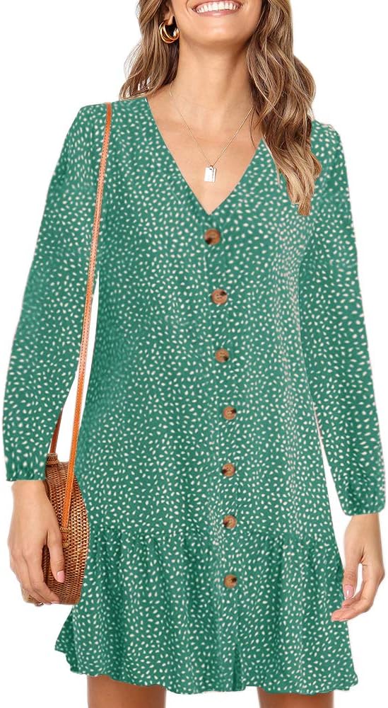 Imysty Womens Polka Dot V Neck Button Down Ruffles Loose Mini Short T-Shirt Dress