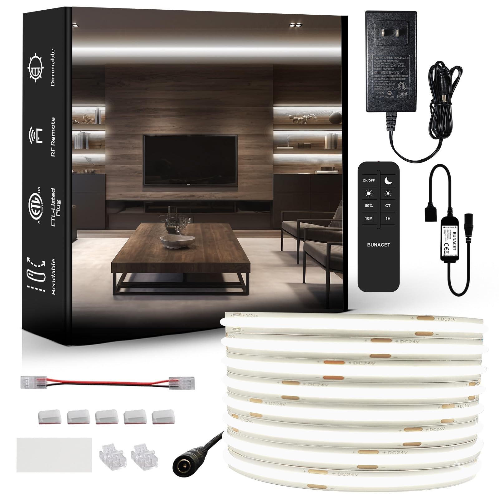 BUNACET COB LED Strip Lights, 2880 LED Bright COB Lights 20ft 6500K Cool White Dimmable with RF Remote for Under Cabinet Lighting for Bedroom, Countertop and