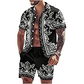 BEAUDRM Men's 2 Piece Outfits Paisley Print Short Sleeve Button Down Shirts and Shorts Vacation Outfits