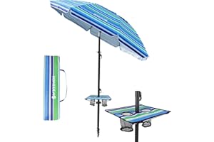 HOMEDEMO 7ft Beach Umbrellas For Sand Heavy Duty Wind, Portable Beach Umbrella UPF 50+ Windproof Outdoor Beach Umbrella with Sand Anchor, Tilt Pole, Carry Bag, Table Tray, Vent and Hook-