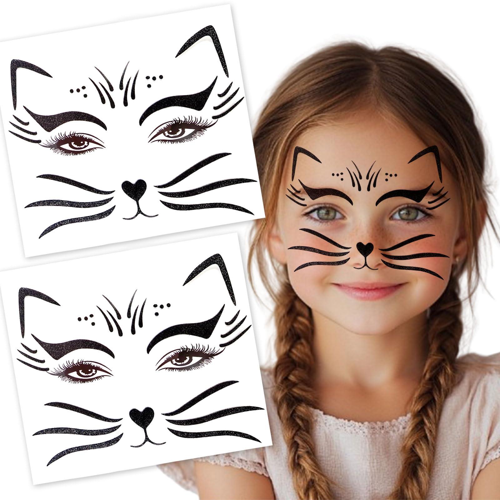 Photo 1 of 2 Pack Halloween Cat Temporary Tattoos - Glitter Halloween Face & Body Stickers for Women, Realistic Animal Skin Decals for Cosplay, Makeup & Festive Looks (4-black cat)