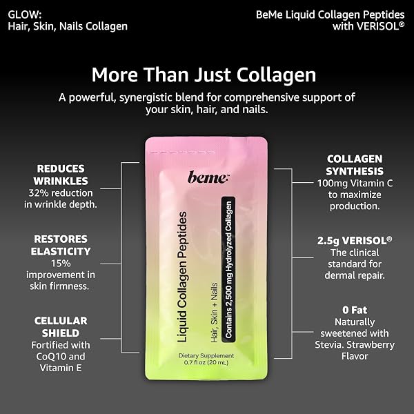 BEME LIQUID COLLAGEN FOR WOMEN — 2,500MG HYDROLYZED BOVINE VERISOL COLLAGEN PEPTIDES DRINK — BIOTIN, COQ10 & VITAMIN C COLLAGEN SUPPLEMENT FOR HAIR, SKIN & NAILS — STRAWBERRY, 30 SACHETS