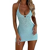 Women's Y2K Halter Bodycon Mini Dress Sleeveless Tie Backless Hollow Out Corset Knit Dress Summer Beach Maxi Dress