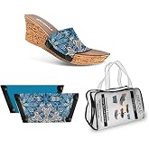 Onesole Casual Cork Travel Shoe Kit, Interchangeable Faux cork wedges, pair of Blue Flower print interchangeable neoprene Tops, and Dusky Blue, Tops for women's wedge Sandals, As Seen on Shark Tank