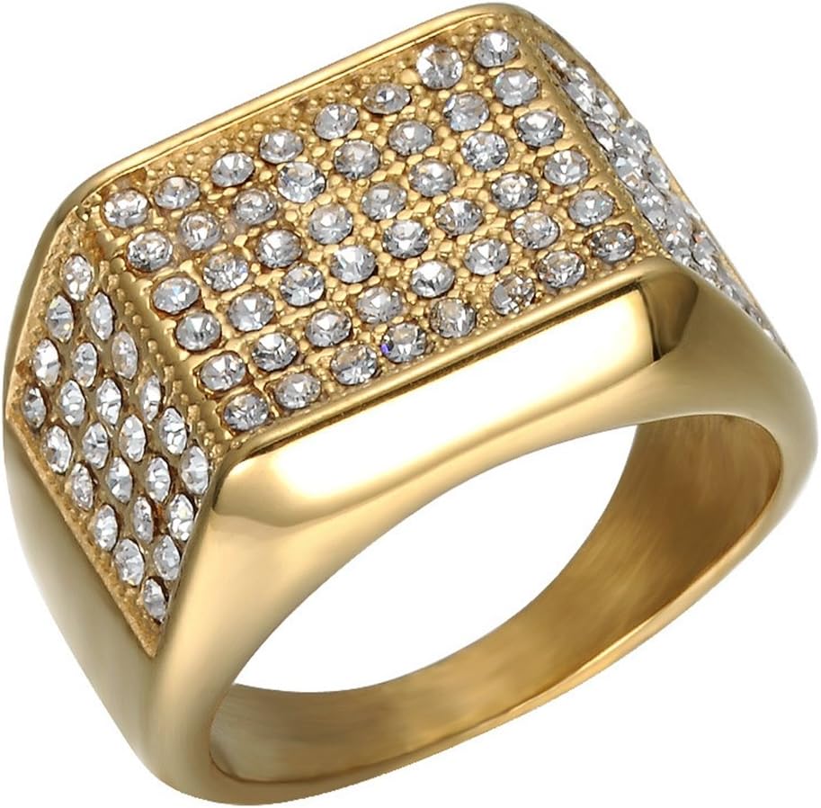 SAINTHERO Men's Wedding Engagement Band Style Ring Stainless Steel Gold Tone 96 Rhinestones Hiphop Jewelry Square Statement Rings Size 8-12