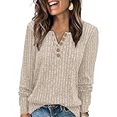MixShe Womens Henley Sweaters 2025 Fall Winter Ribbed Knit V Neck Button Pullover Long Sleeve Tops