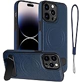 Moment Dextrad Magnetic for iPhone 13 Pro Max Leather Case, Built-in Stand, Compatible with MagSafe, Silicone Strap, TPU Interior Protective, Shockproof Slim Phone 13 Pro Max Cover (Blue)