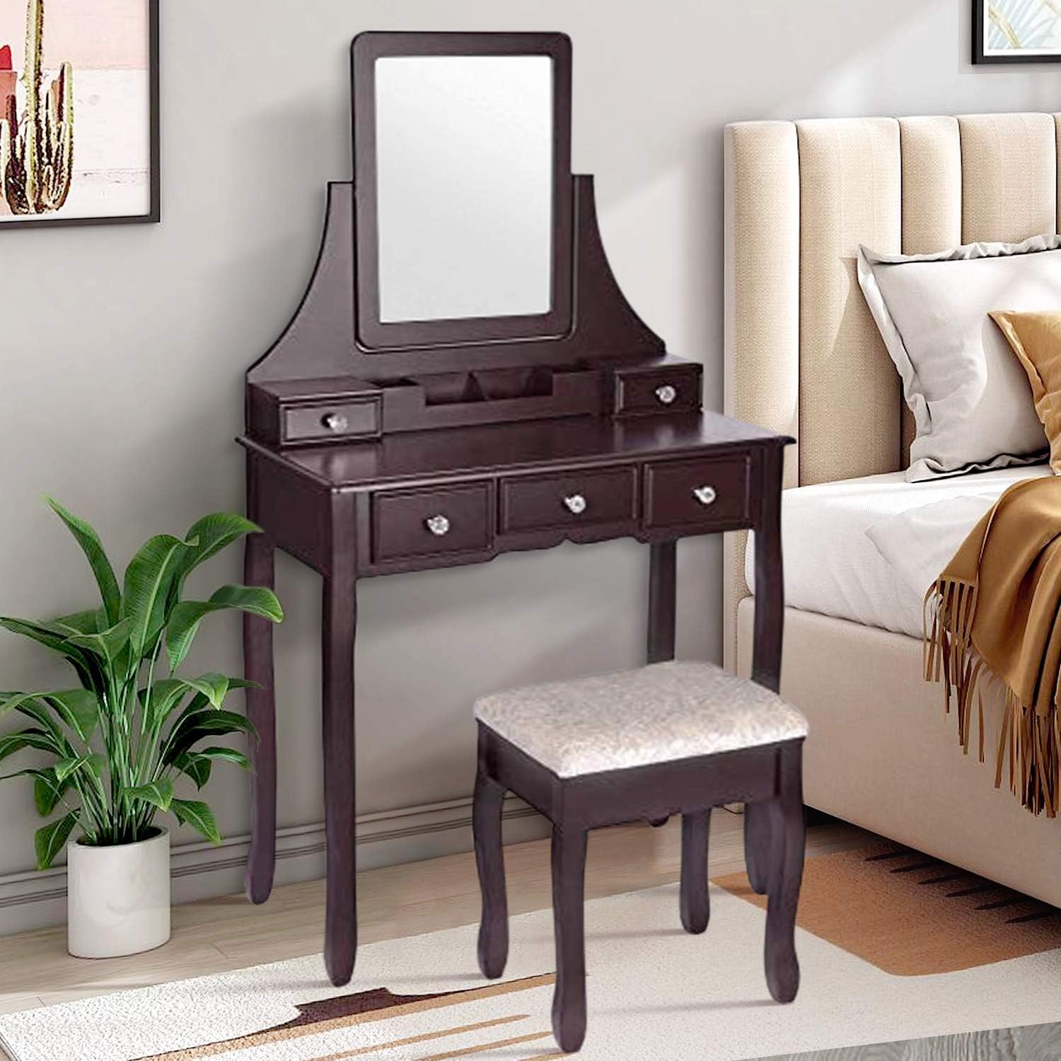Amazon Com Vanity Set Vanity Table With Mirror And Cushioned Stool Makeup Vanity With 3 Large Sliding Drawers Removable Organizer Makeup Table Dressing Table Easy Assembly Kitchen Dining
