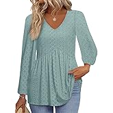 Tankaneo Womens Long Sleeve Shirts V Neck Loose Fit Tunic Tops Babydoll Peplum Top Flowy Dressy Casual Blouse Eyelet T-Shirt