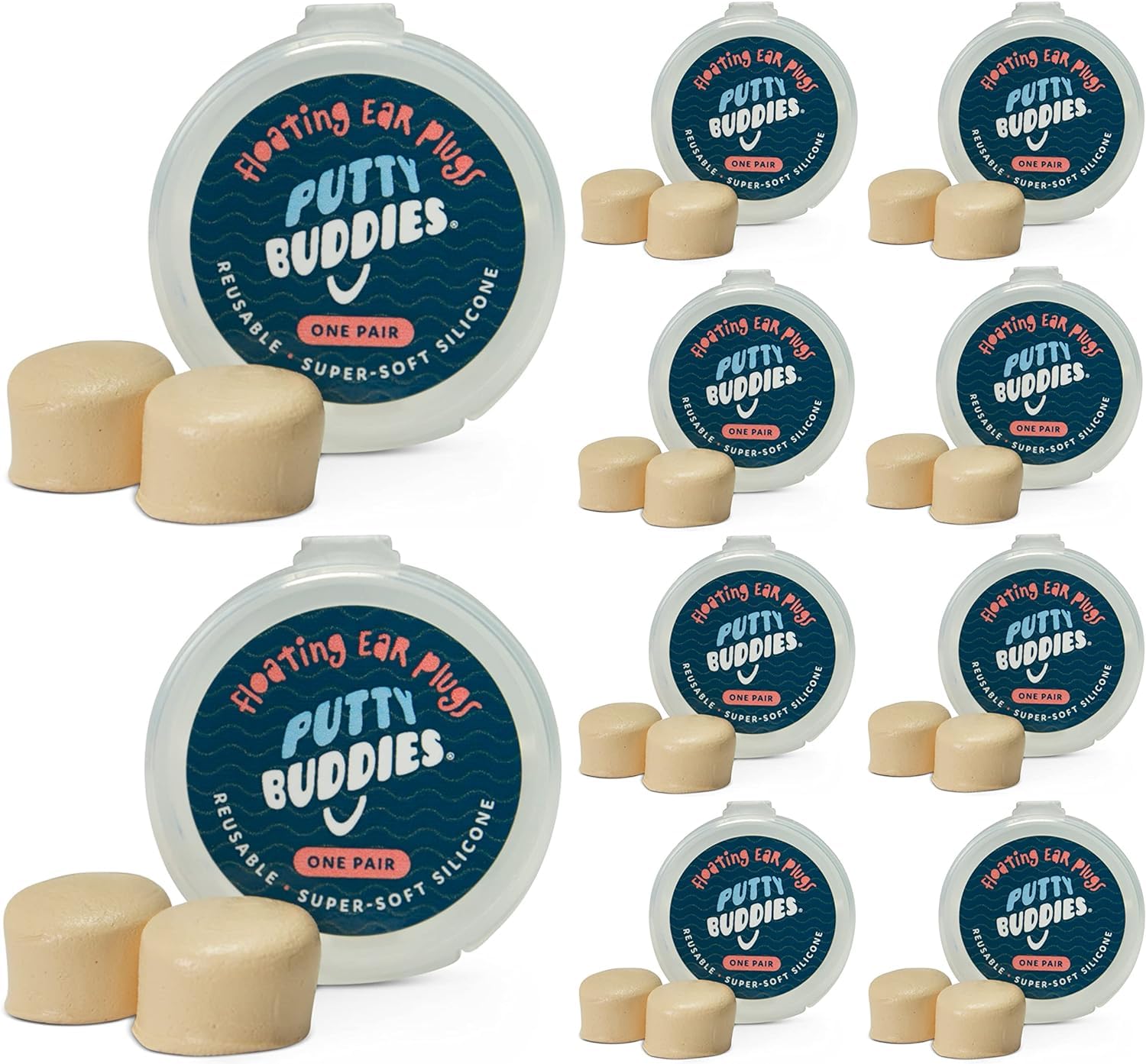Putty Buddies Floating Earplugs for Swimming & Bathing (Invented by Physician) Keep Water Out (10-Pair) Tan