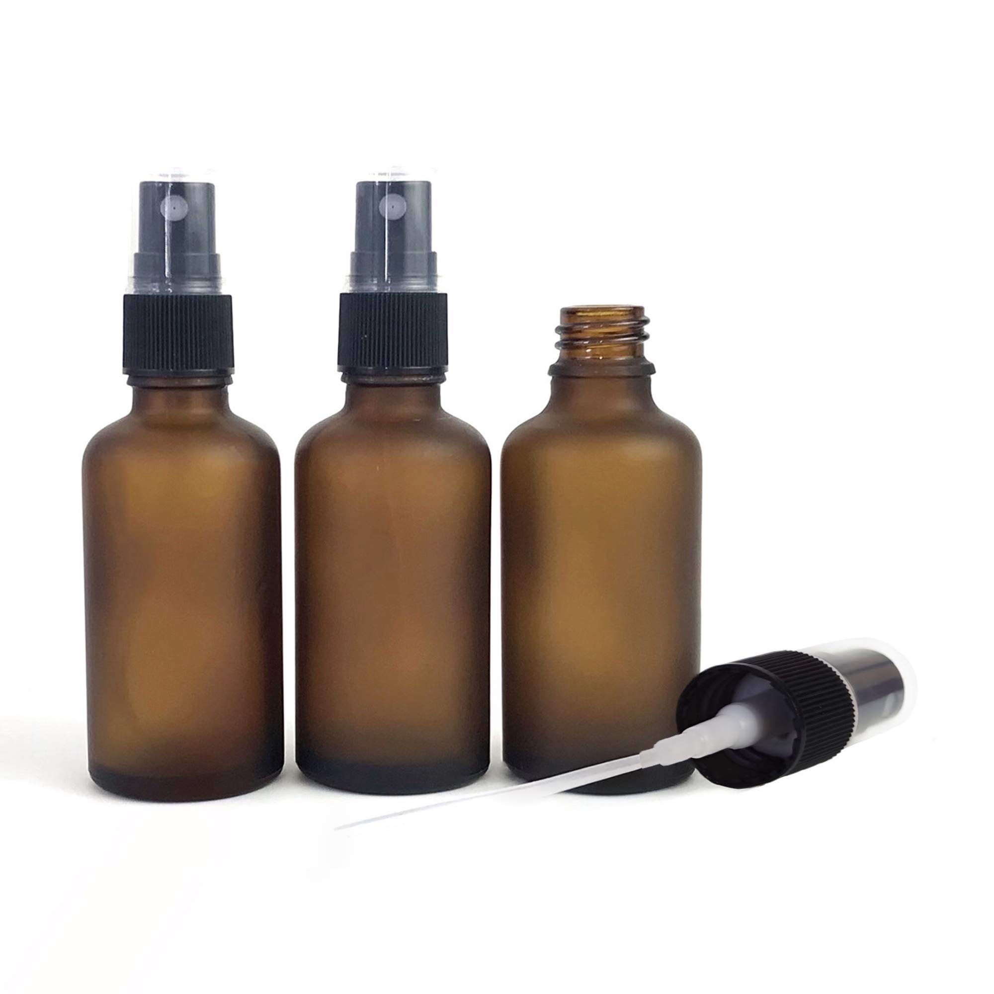 lanjing 2oz Frosted Amber Empty Refillable Glass Spray Bottles for Essential Oils with Black Plastic Sprayer 2 Pack-1 Mini Funnel, 2 Droppers, 4 Stickers