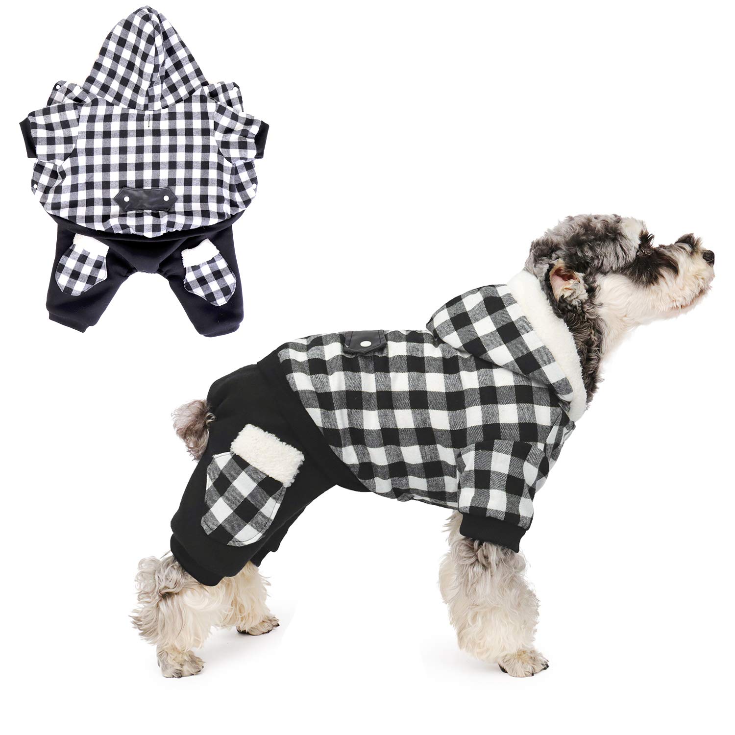 PAWZ Road Dog Shirt Plaid Coat Hoodie Pullover with 4 Four Legs Pet Winter Clothes Warm Soft Jacket for Small Medium Dogs Black S