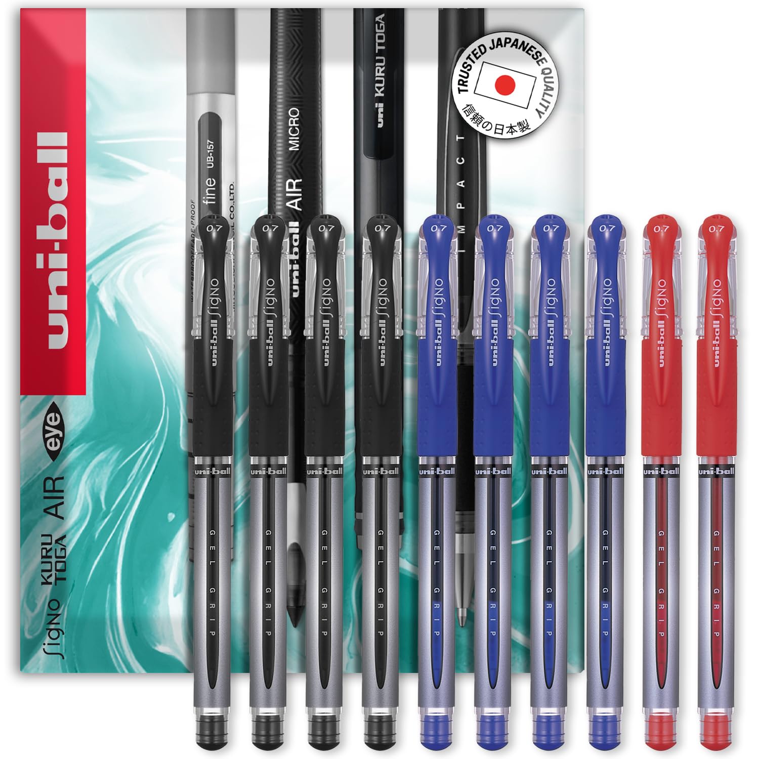 uni-ball UM-151 Signo Gel Grip Rollerball Pen - 0.7mm - Black, Blue, Red Ink (Pack of 10) in Envelope Gift Packaging