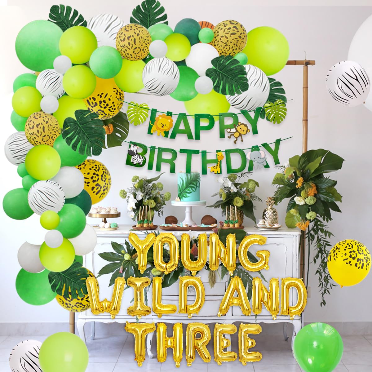 JOYMEMO Jungle Theme 3rd Birthday Decorations Safari Balloon Garland with Young Wild And Three Animal Foil Balloons, Happy Third Birthday Banner and Artificial Palm LeavesThemed Party