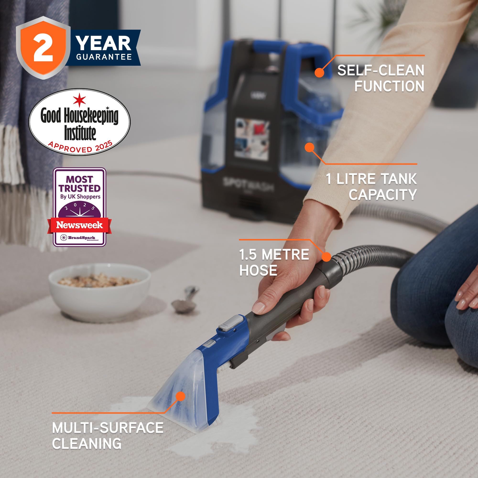 Vax SpotWash Duo Spot Cleaner, Upholstery, Sofa, Stairs, Rug, Stain Cleaning Small Handheld Shampooer Machine, Solution and Tool for Home, Car, Pets with Self-Clean, 380W, 3.89kg, Grey/Blue, CDCW-CSXA